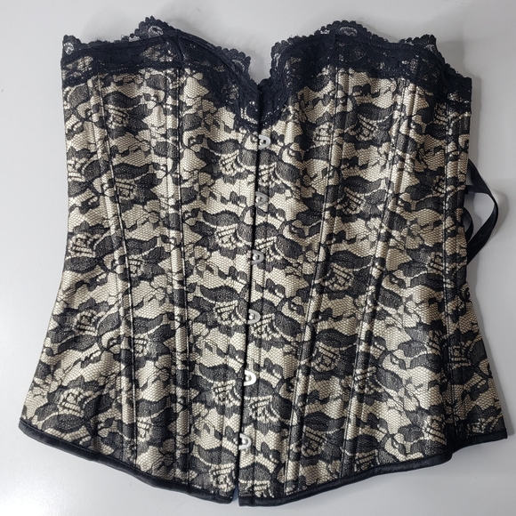Castlecore Gold Satin Black Lace Corset Fairycore Whimsigoth Pirate Witchy Med - Picture 8 of 15